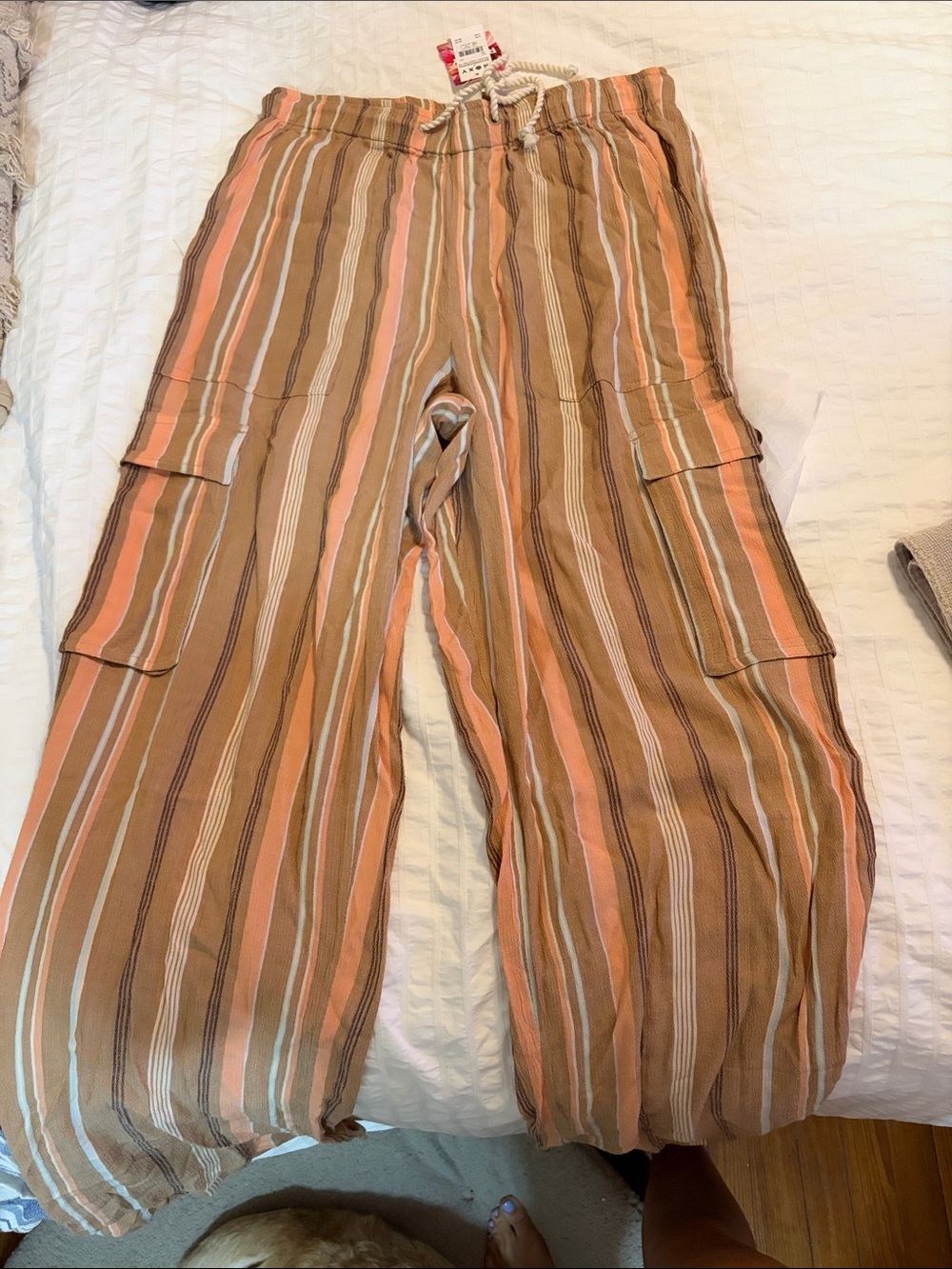 Roxy Striped Cargo Wide-Leg Pants in Tan, Peach & White